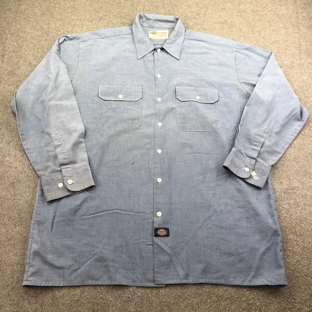 Vintage Dickies Shirt Mens XL Blue Long Sleeve Chambray Button Workwear Pockets
